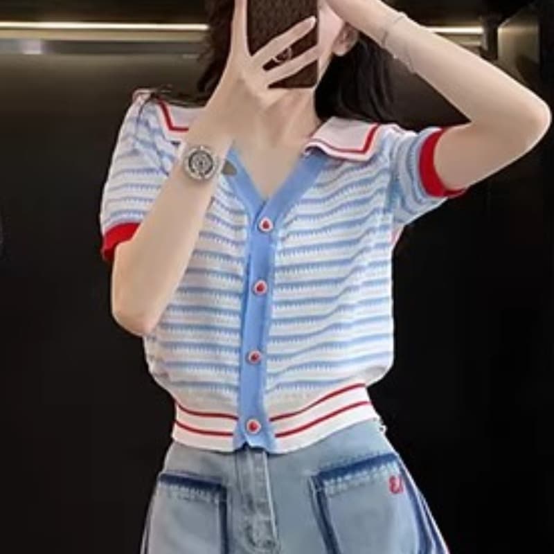 학원 스타일 패치워크 해군 칼라 스트라이프 니트 오픈 가디건 여성 여름 반팔 디자인 센스 작은 키 다용도 슬림해 보이는 맨위 이미지 2