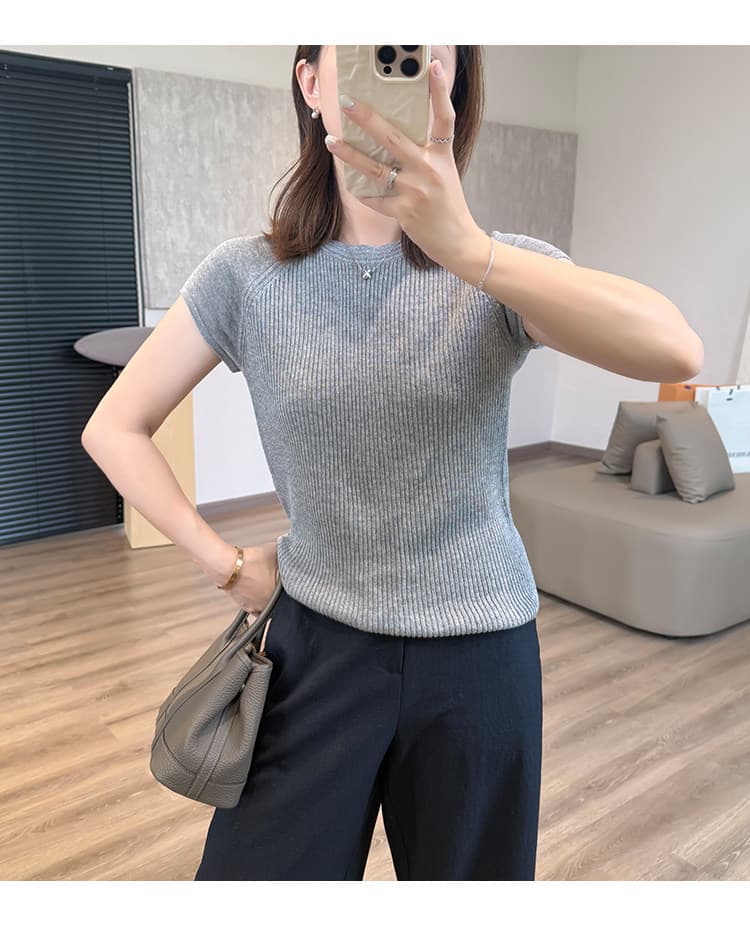 한 부서 순수한 욕망 얇은 스타일 라운드 넥 니트 반팔 여성 수직 구덩이 기사 질감 센스 몸매 가꾸기 슬림해 보이는 인사이드 가져 가라. 기본 셔츠 맨위 상세 이미지 21