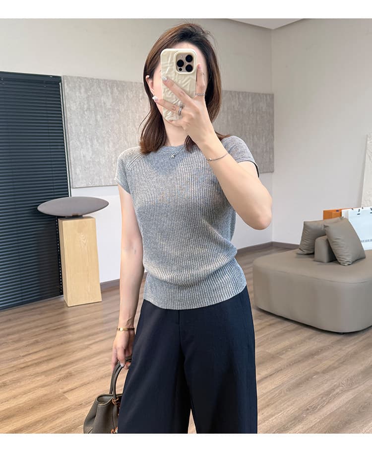 한 부서 순수한 욕망 얇은 스타일 라운드 넥 니트 반팔 여성 수직 구덩이 기사 질감 센스 몸매 가꾸기 슬림해 보이는 인사이드 가져 가라. 기본 셔츠 맨위 상세 이미지 25