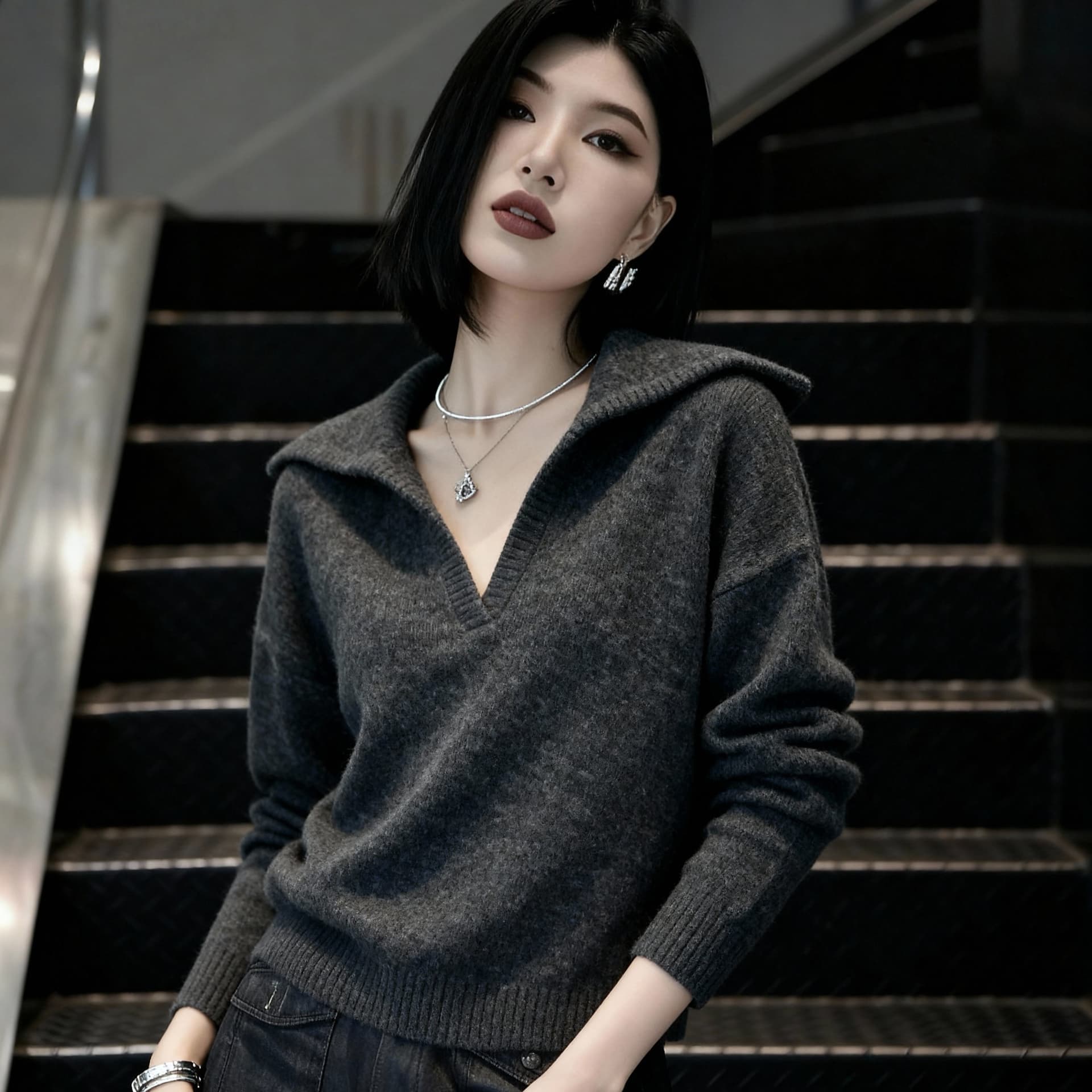 한 부서 2025 가을 겨울 새로운 디자인 센스 작은 대중 품격 연령 감소 빅 칼라 니트 스웨터 여자 이미지 3