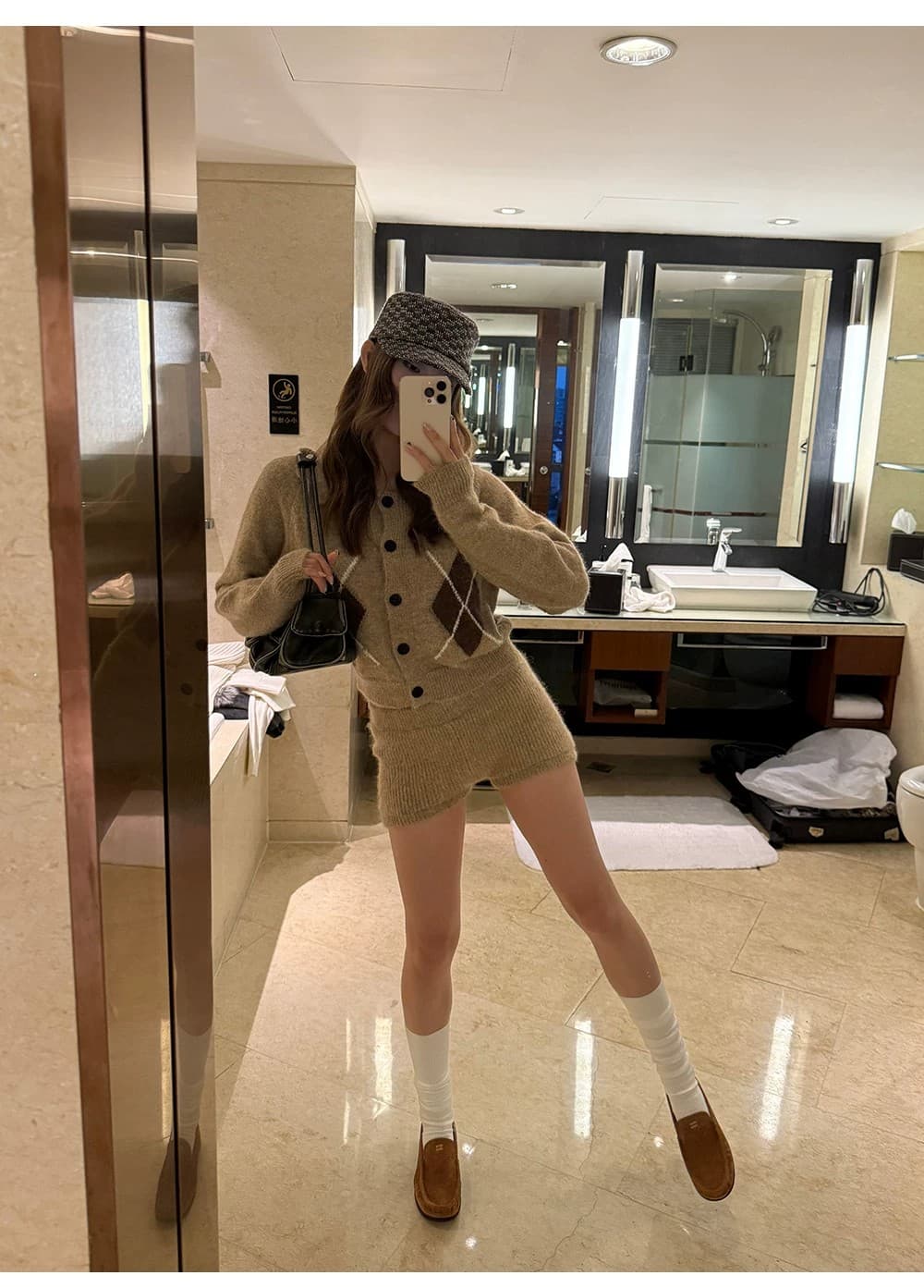학원 스타일 레트로 폴로 칼라 다이아몬드 모양 그리드 니트 오픈 가디건 여성 패션 세트 하이웨이스트 타이트 스커트 반바지 투피스 세트 상세 이미지 6