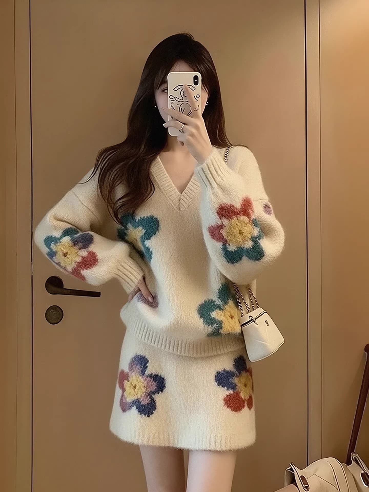 한 바람 chic 전체 집합 느긋한 느슨함 센스 부드러운 바람 2026 새로운 V넥 니트 스웨터 미니 스커트 투피스 슈트 상세 이미지 2