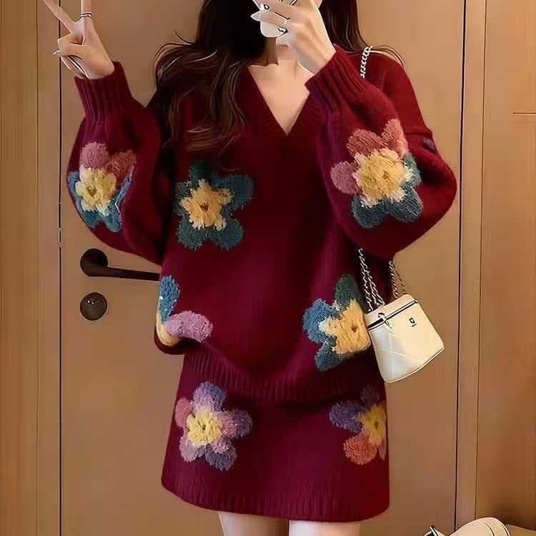 한 바람 chic 전체 집합 느긋한 느슨함 센스 부드러운 바람 2026 새로운 V넥 니트 스웨터 미니 스커트 투피스 슈트 상세 이미지 8