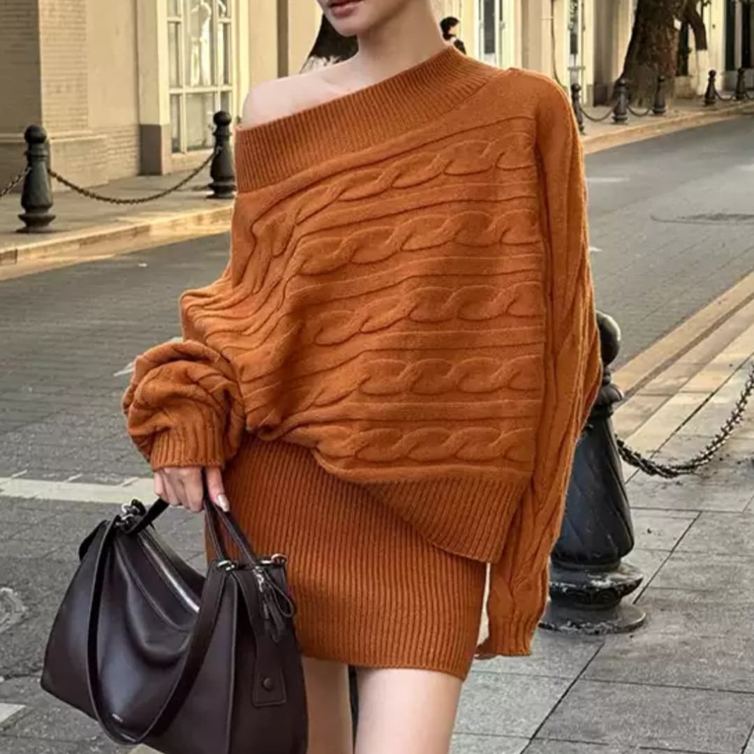 한 부서 느긋한 바람 니트 세트 여성 봄 새로운 미니멀리즘 다용도 오프숄더 루즈핏 스웨터 미니 스커트 투피스 세트 이미지 2