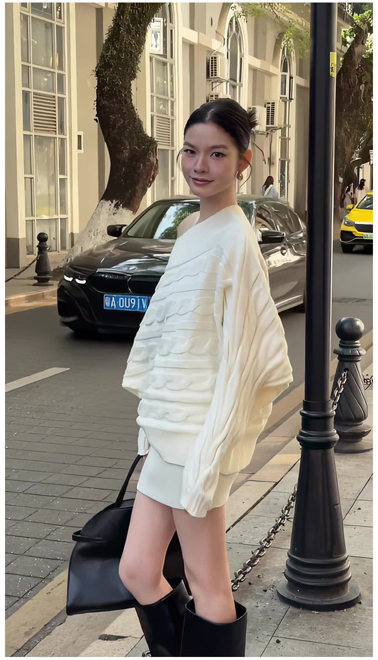 한 부서 느긋한 바람 니트 세트 여성 봄 새로운 미니멀리즘 다용도 오프숄더 루즈핏 스웨터 미니 스커트 투피스 세트 상세 이미지 11