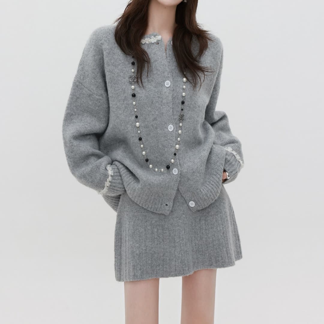 프랑스식 작은 샤넬 스타일 니트 오픈 가디건 반신 스커트 투피스 슈트 여성 가을 겨울철 miu 부서 품격 고급 센스 세트 이미지 2