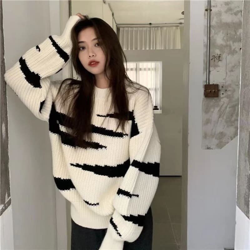 느긋한 바람 스웨터 여자 가을 겨울 홍콩 느낌 외국 가스 얼룩말 곡물 풀오버 니트 스웨터 ins 트렌디 루즈핏 외출용 맨위 서비스 이미지 5
