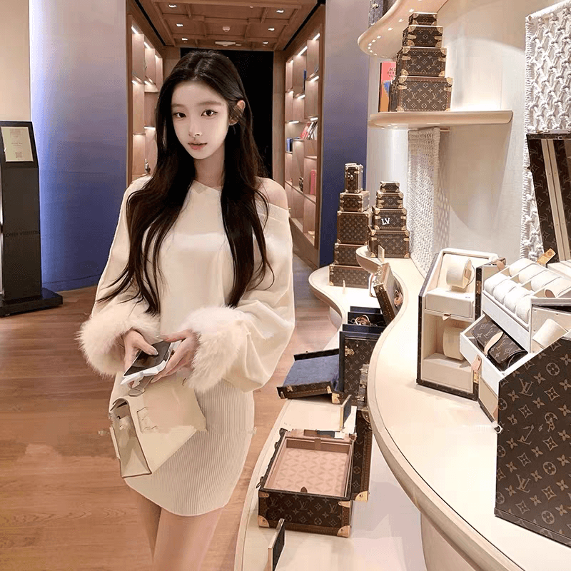 섹시함 비스듬한 칼라 오프숄더 긴팔 니트 스웨터 여성 가을 모피 패치워크 루즈핏 풀오버 느긋한 다용도 맨위 상세 이미지 6