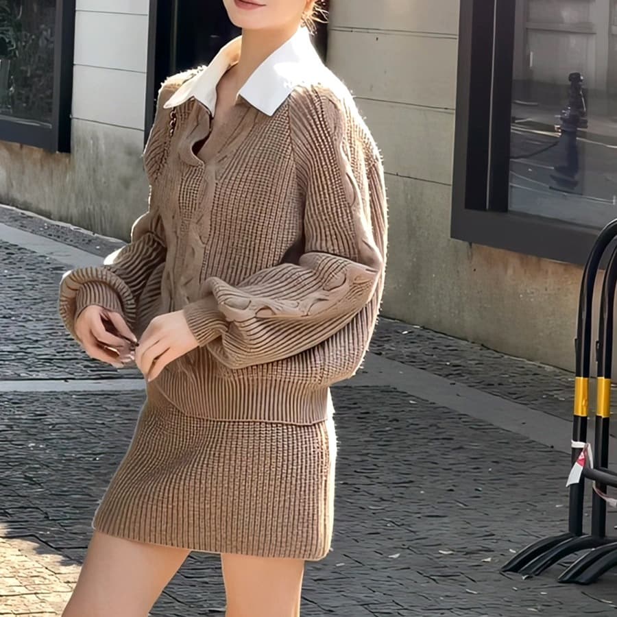 한 셔츠 칼라 스웨터 세트 여성 패치워크 색상 칼라 페이크 레이어드 맨위 하이웨이스트 미니 스커트 투피스 세트 이미지 5