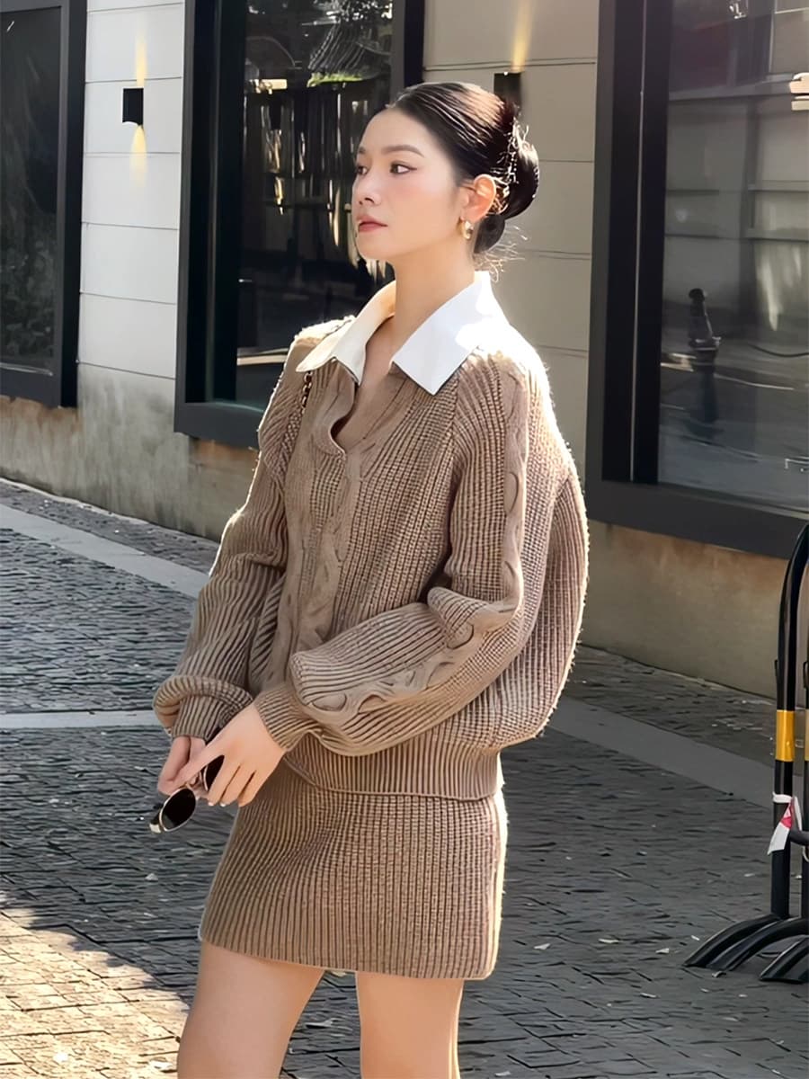 한 셔츠 칼라 스웨터 세트 여성 패치워크 색상 칼라 페이크 레이어드 맨위 하이웨이스트 미니 스커트 투피스 세트 상세 이미지 10