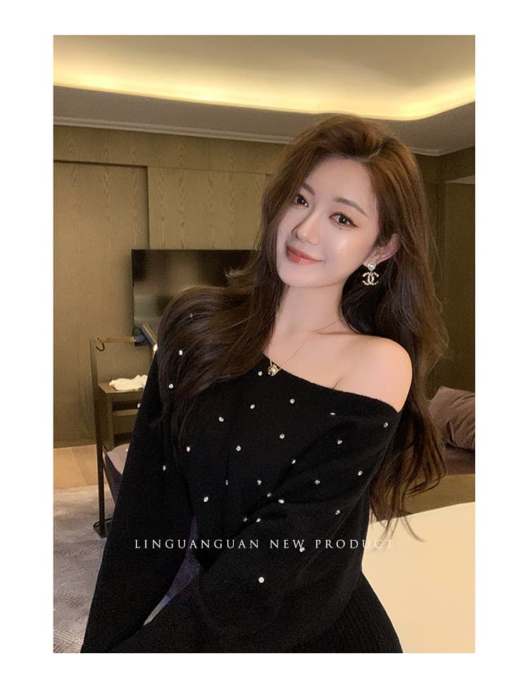 오프숄더 화이트 핫픽스 긴팔 니트 스웨터 여성 가을 겨울철 스웨터 한 부서 순수한 욕망 오프숄더 인사이드 가져 가라. 만나는 맨위 상세 이미지 2