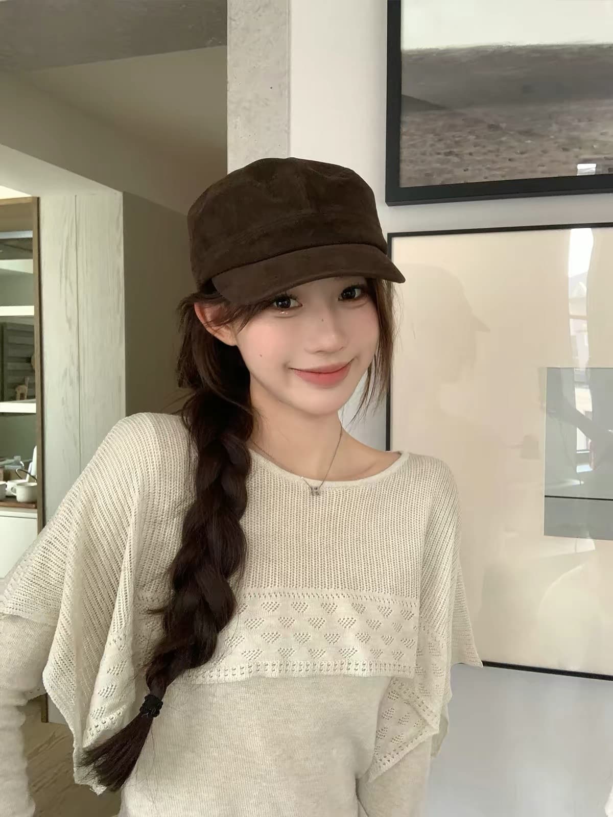얕은 오트밀 라운드 넥 숄 홀로우 아웃 맨위 이미지 3