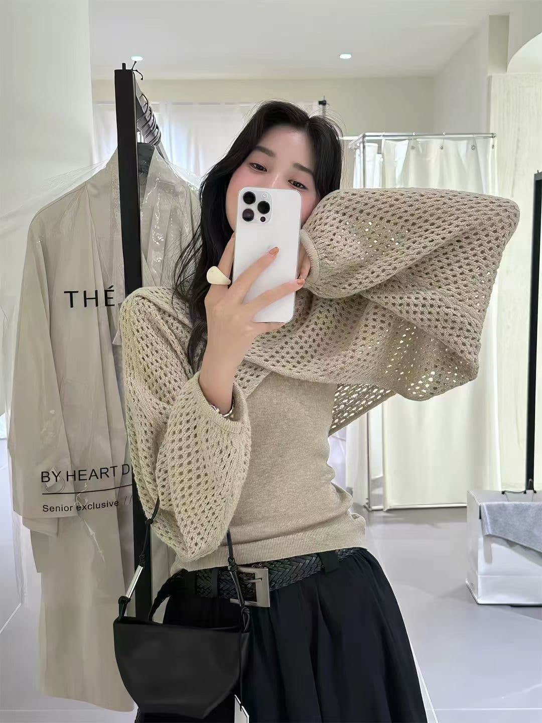 고급 센스 홀로우 아웃 숄 블라우스 캐미솔 투피스 세트 이미지 2