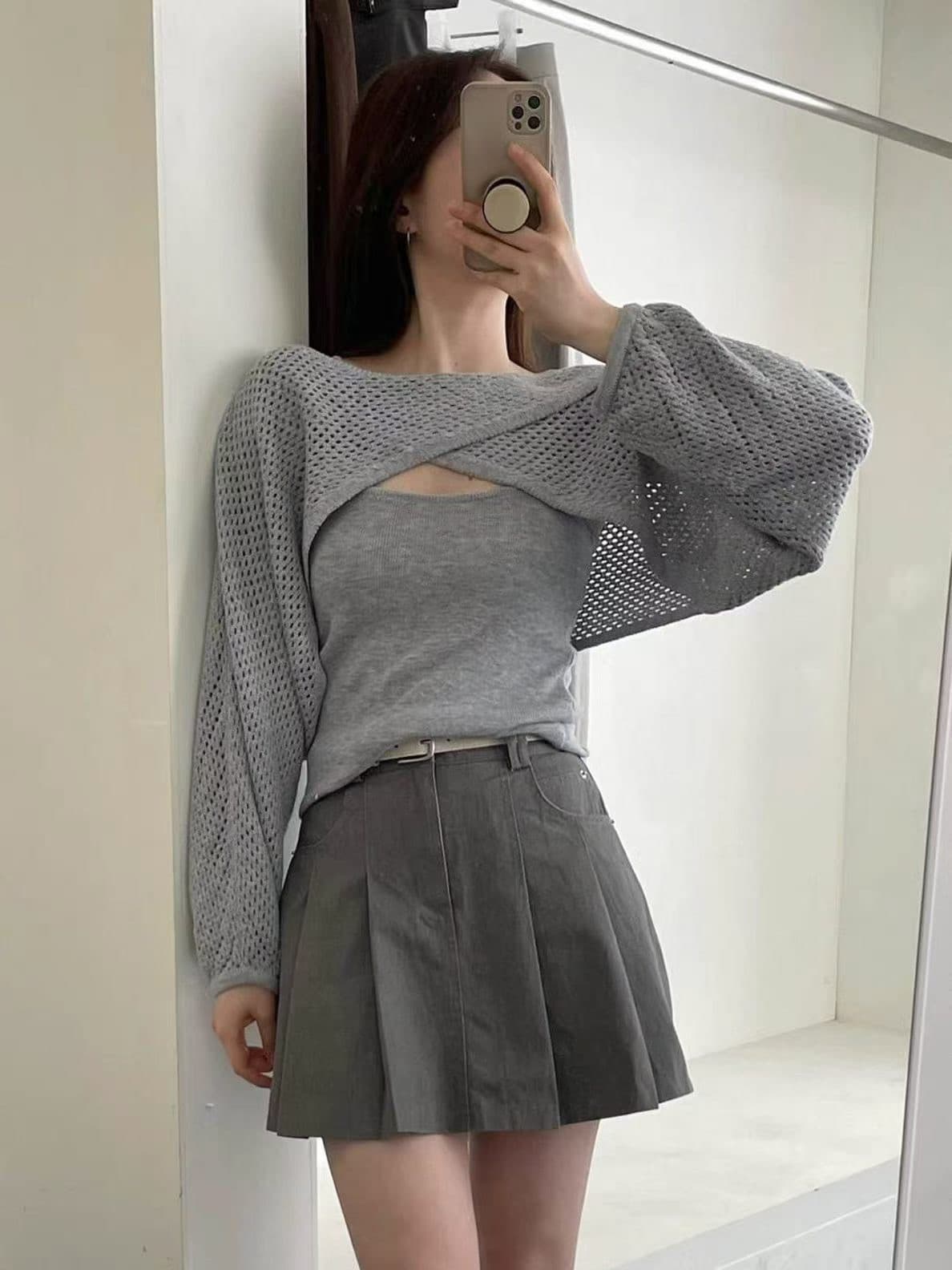 고급 센스 홀로우 아웃 숄 블라우스 캐미솔 투피스 세트 상세 이미지 2