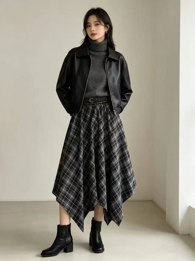 레트로 학원 스타일 체크무늬 반신 스커트 여성 2026 가을 새로운 패션 불규칙 표지 고기 a 단어 길이 치마