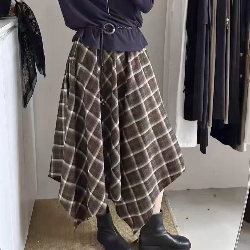 프랑스식 레트로 체크무늬 배색 불규칙 반신 스커트 여성 가을 겨울 펌프 로프 레이스업 하이웨이스트 주름 루즈핏 빅 플레어 스커트 이미지 2
