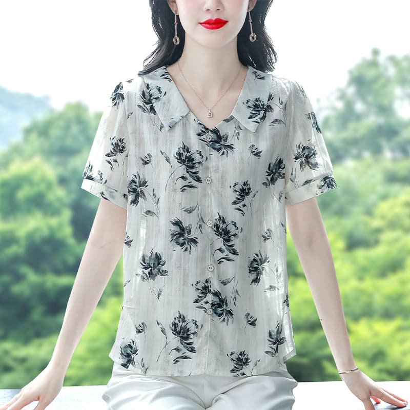 여름 드레스 반팔 쉬폰 블라우스 베이비 칼라 여성 절묘한 다용도 작은 셔츠 몸매 가꾸기 슬림해 보이는 맨위 이미지 2