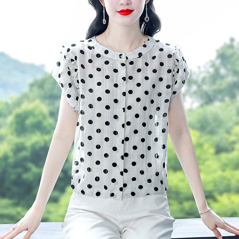 재고 상품 여름 새로운 도트 무늬 쉬폰 블라우스 반팔 허리밴드 스탠드 칼라 여성 의류 표지 배 슬림해 보이는 작은 셔츠 외국 가스 다용도 이미지 2