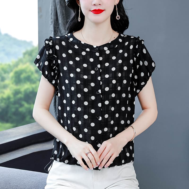재고 상품 여름 새로운 도트 무늬 쉬폰 블라우스 반팔 허리밴드 스탠드 칼라 여성 의류 표지 배 슬림해 보이는 작은 셔츠 외국 가스 다용도 이미지 3