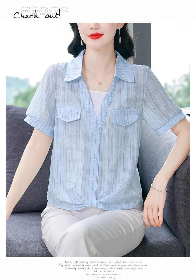 새로운 페이크 레이어드 셔츠 여성 반팔 여름 드레스 외국 가스 품격 루즈핏 표지 배 슬림해 보이는 쉬폰 블라우스 상세 이미지 23