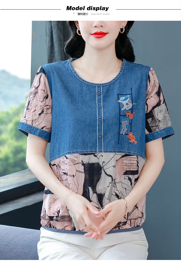 새로운 라운드 넥 맨위 루즈핏 표지 배 반팔 데님 쉬폰 패치워크 패션 다용도 어머니 드레스 여성 작은 셔츠 상세 이미지 9