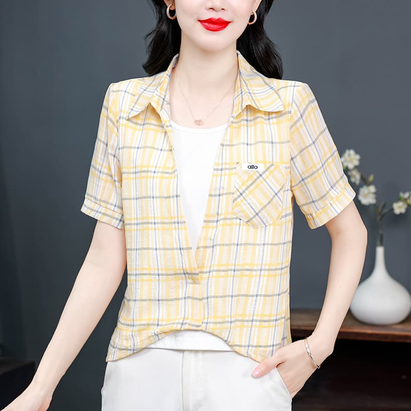 패션 외국 가스 연령 감소 패치워크 페이크 레이어드 여성 셔츠 여름 새로운 루즈핏 반팔 표지 배 맨위 이미지 2