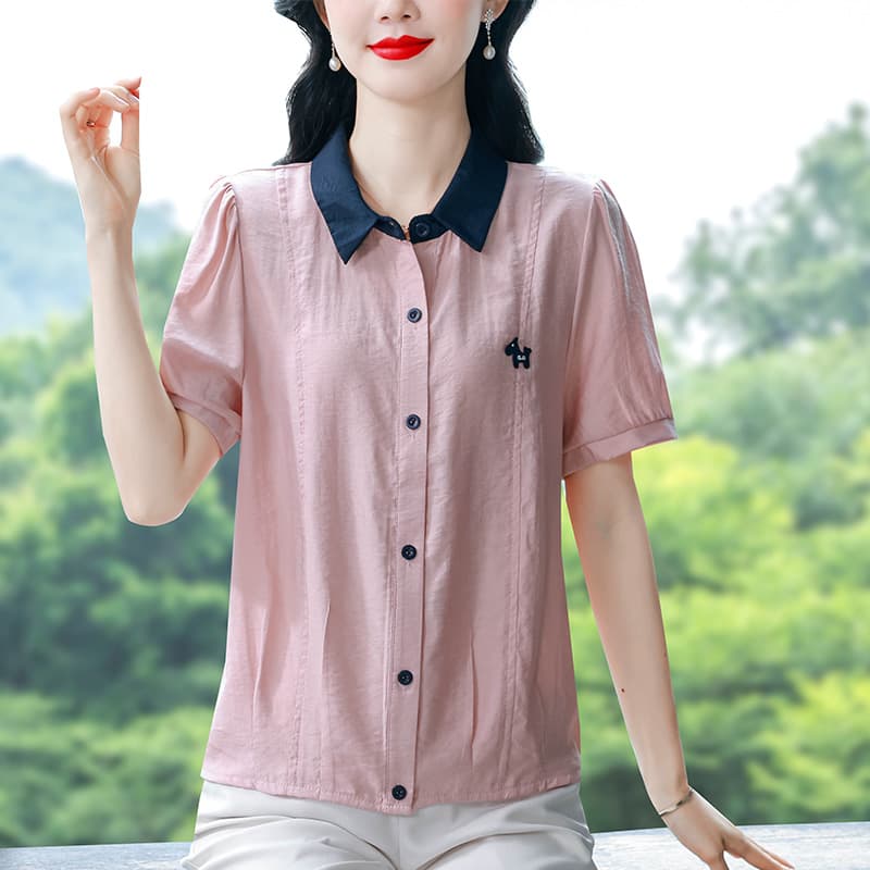 중년 어머니 드레스 여름 반팔 셔츠 배색 폴로 칼라 루즈핏 슬림해 보이는 연령 감소 맨위 통기성 외국 가스 작은 셔츠 이미지 2