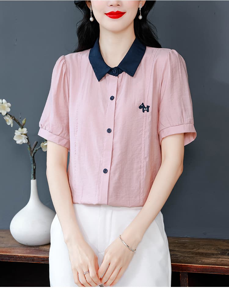 중년 어머니 드레스 여름 반팔 셔츠 배색 폴로 칼라 루즈핏 슬림해 보이는 연령 감소 맨위 통기성 외국 가스 작은 셔츠 상세 이미지 19