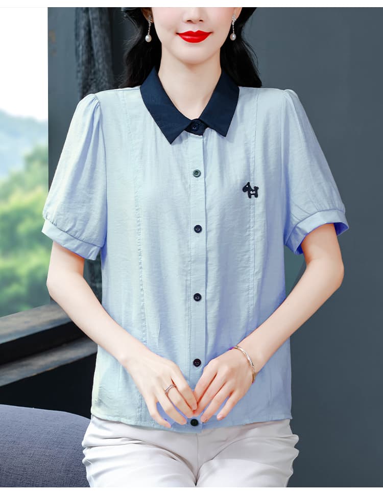 중년 어머니 드레스 여름 반팔 셔츠 배색 폴로 칼라 루즈핏 슬림해 보이는 연령 감소 맨위 통기성 외국 가스 작은 셔츠 상세 이미지 27