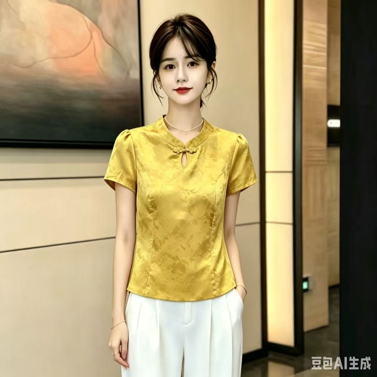 레트로 국풍 새로운 중식 맨위 반팔 새로운 몸매 가꾸기 슬림해 보이는 다용도 작은 셔츠 여름 새로운 여성 의류 이미지 3