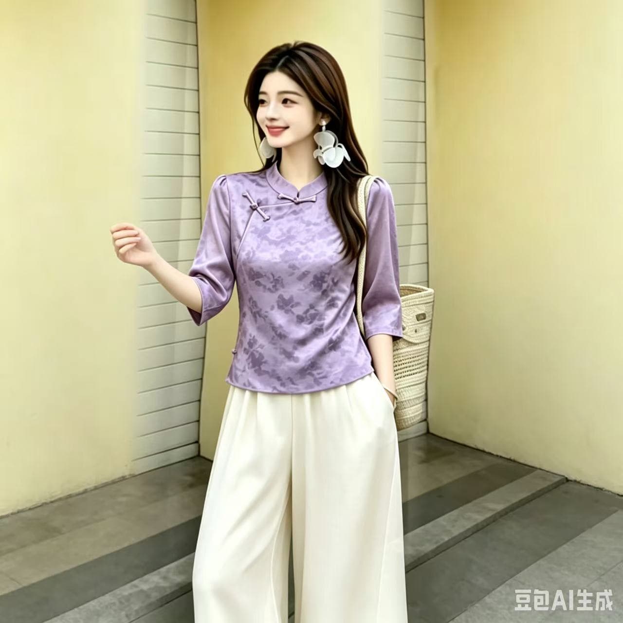 새로운 중식 스탠드 칼라 단추 맨위 레트로 국풍 개선 치파오 7부 소매 맨위 몸매 가꾸기 슬림해 보이는 여성 의류 상세 이미지 1