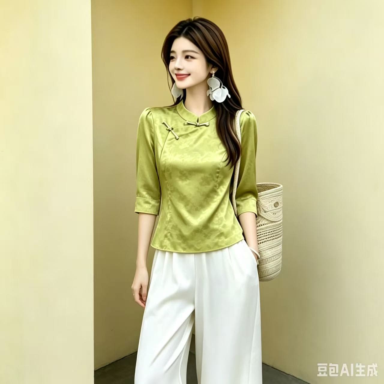 새로운 중식 스탠드 칼라 단추 맨위 레트로 국풍 개선 치파오 7부 소매 맨위 몸매 가꾸기 슬림해 보이는 여성 의류 상세 이미지 3
