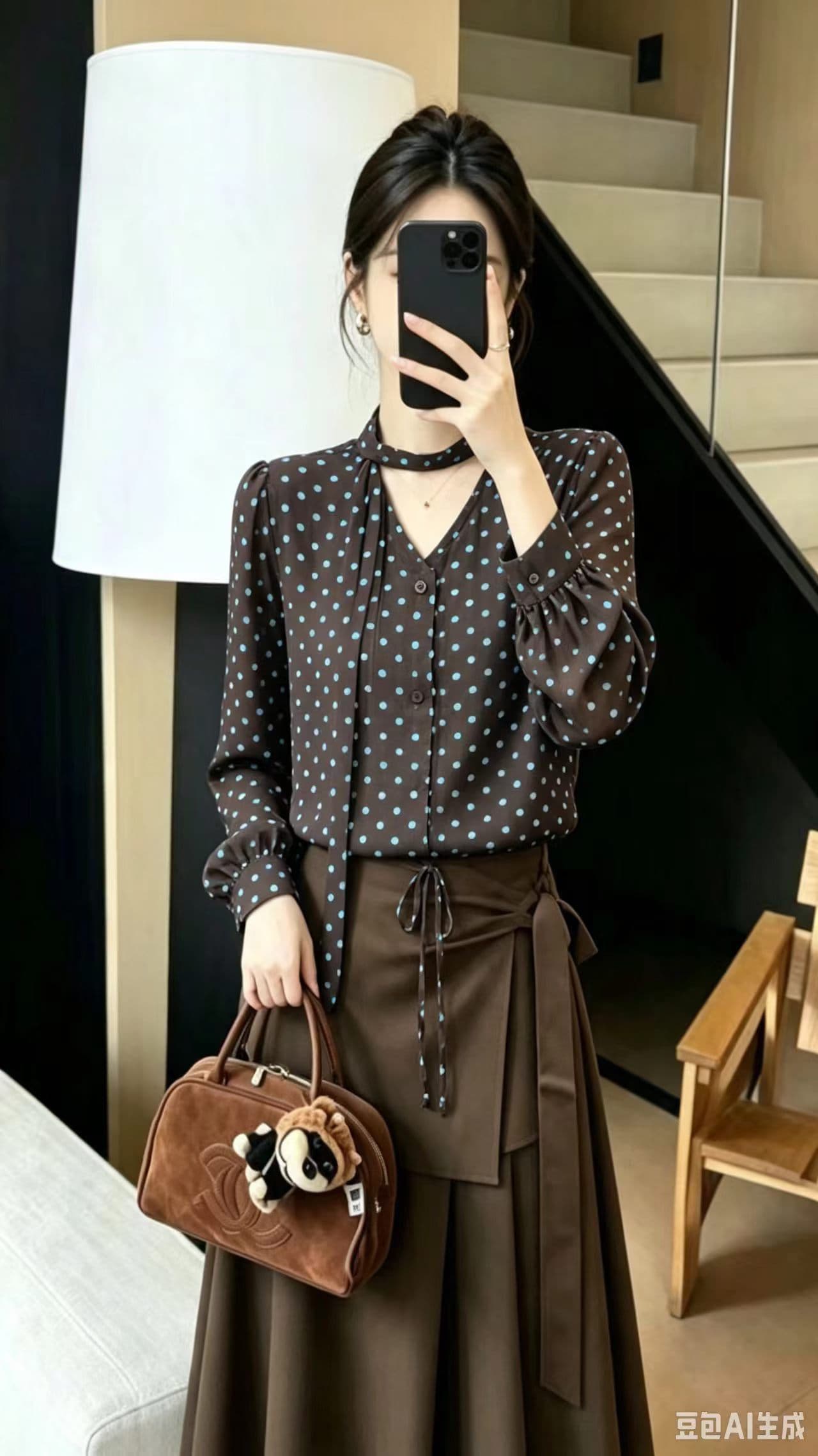 이른 가을 새로운 긴팔 쉬폰 블라우스 패션 다용도 리본 슬림해 보이는 맨위 중년 엄마 도트 무늬 셔츠 상세 이미지 1