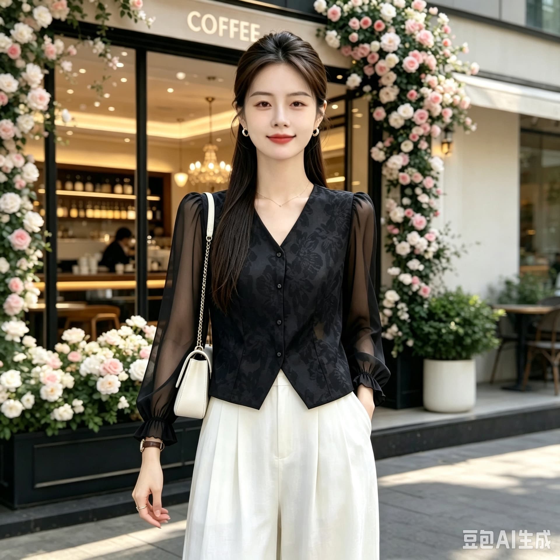 가을 새로운 쉬폰 패치워크 V넥 맨위 몸매 가꾸기 슬림해 보이는 다용도 작은 셔츠 패션 아름다운 엄마 여성 의류 이미지 3