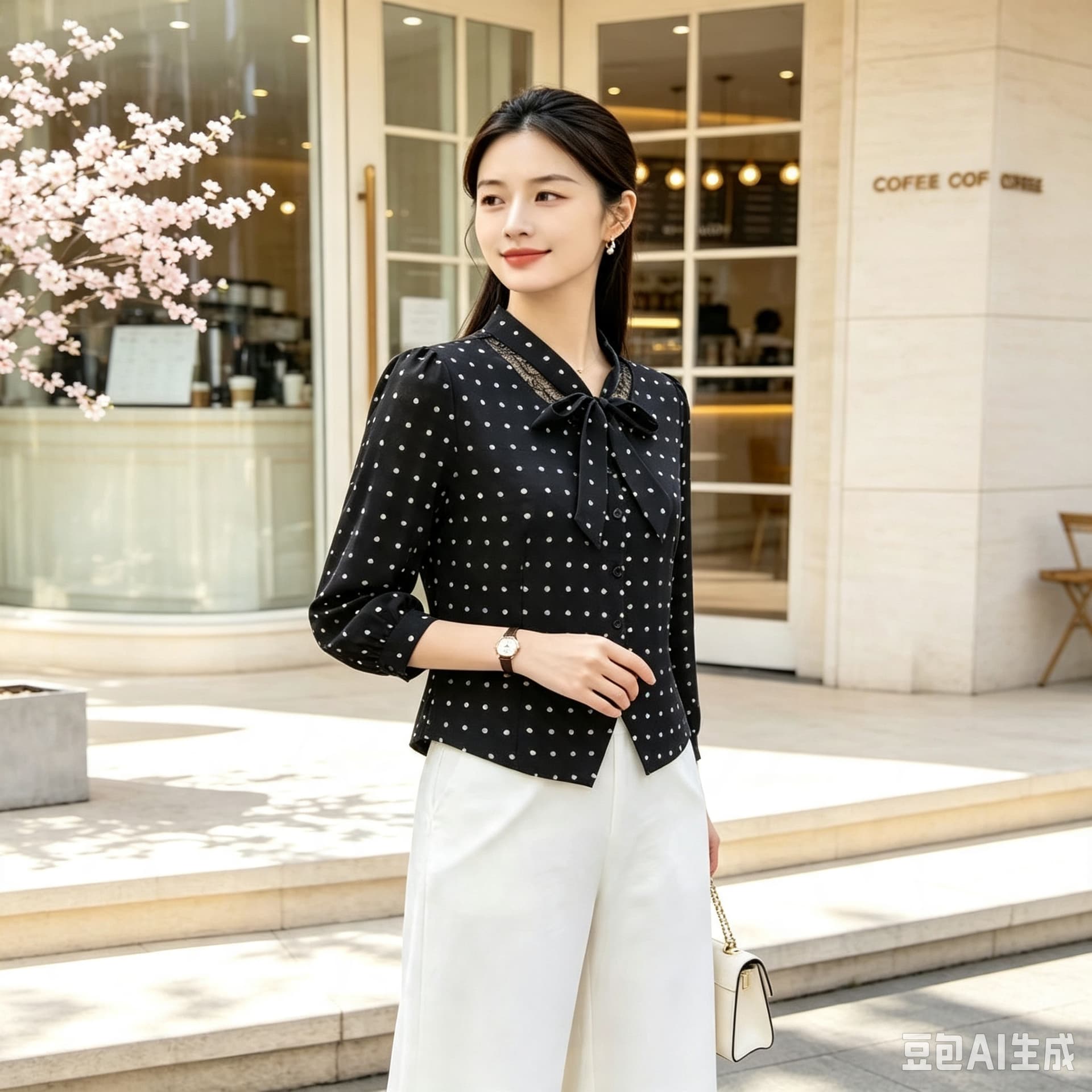 가을 새로운 긴팔 쉬폰 블라우스 도트 무늬 V넥 패션 다용도 맨위 아름다운 엄마 여성 의류 슬림해 보이는 작은 셔츠 이미지 4