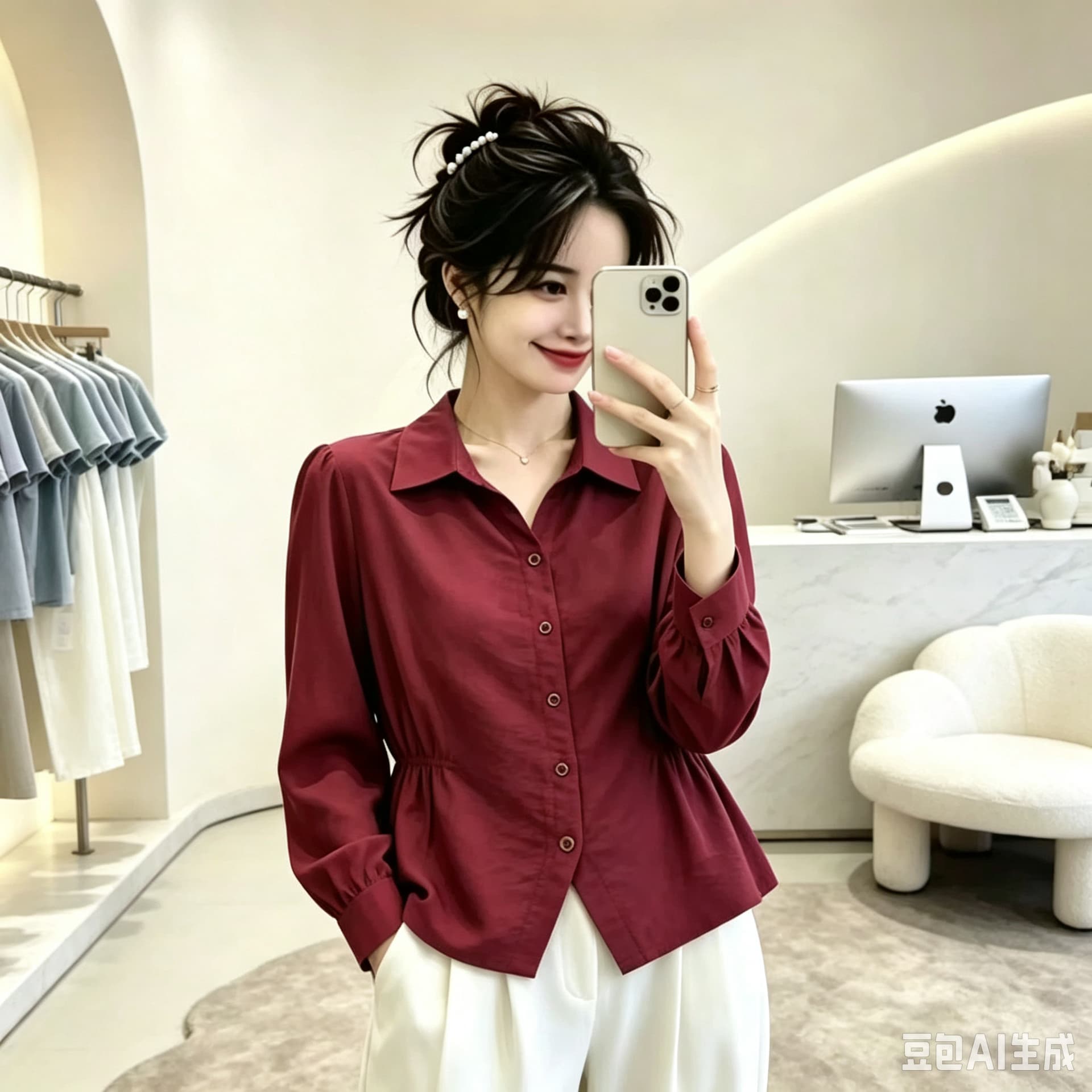 빅 사이즈 이른 가을 허리 수축 여성 셔츠 POLO 칼라 긴팔 맨위 표지 배 슬림해 보이는 품격 작은 셔츠 맨위 상세 이미지 1