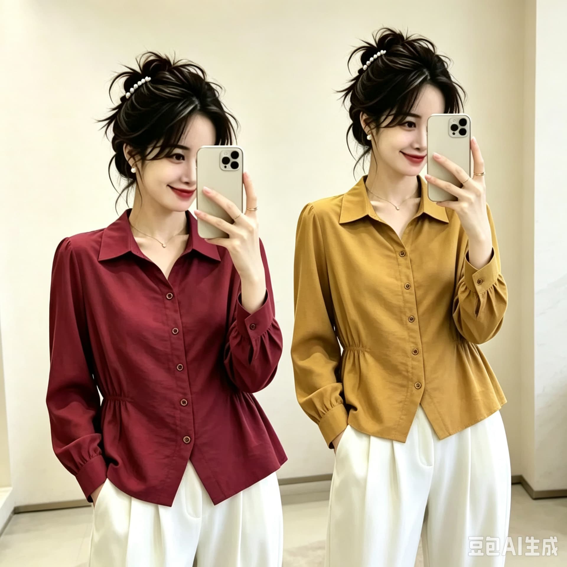 빅 사이즈 이른 가을 허리 수축 여성 셔츠 POLO 칼라 긴팔 맨위 표지 배 슬림해 보이는 품격 작은 셔츠 맨위 상세 이미지 4