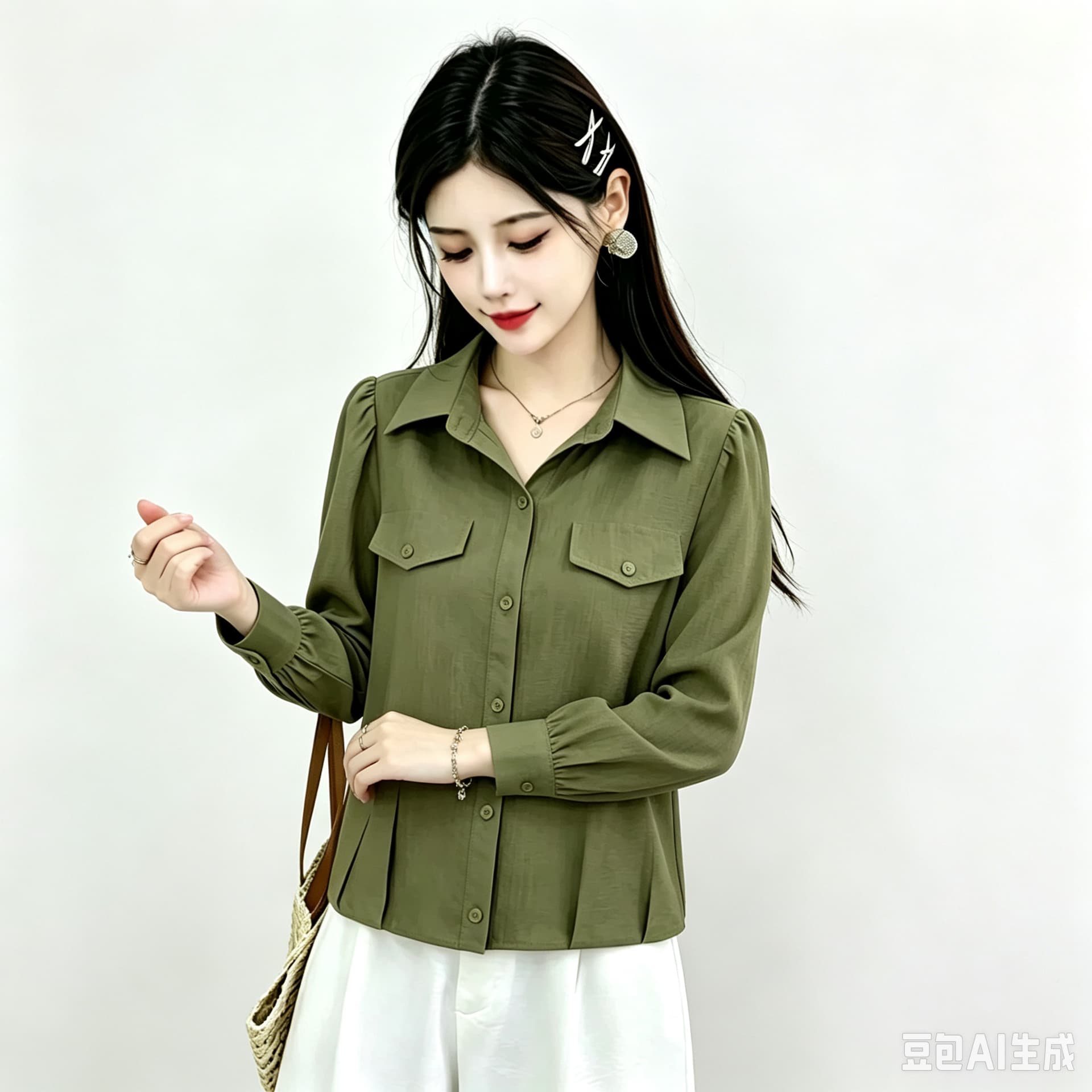 가을 워크웨어 바람 폴로 칼라 긴팔 셔츠 여성 더블 주머니 쇼트 스타일 수신 Pleat 셔츠 슬림해 보이는 다용도 맨위 이미지 4