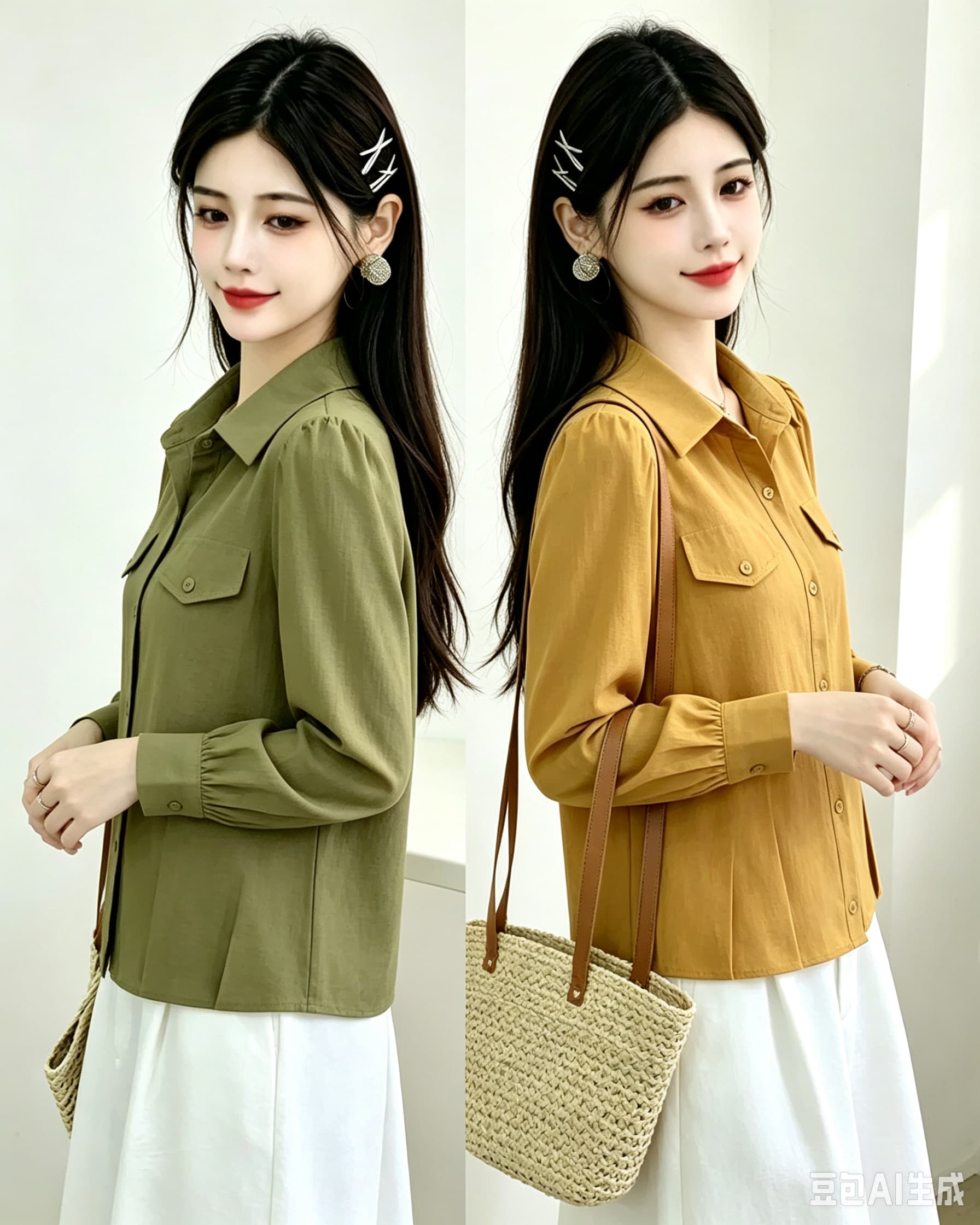 가을 워크웨어 바람 폴로 칼라 긴팔 셔츠 여성 더블 주머니 쇼트 스타일 수신 Pleat 셔츠 슬림해 보이는 다용도 맨위 상세 이미지 5