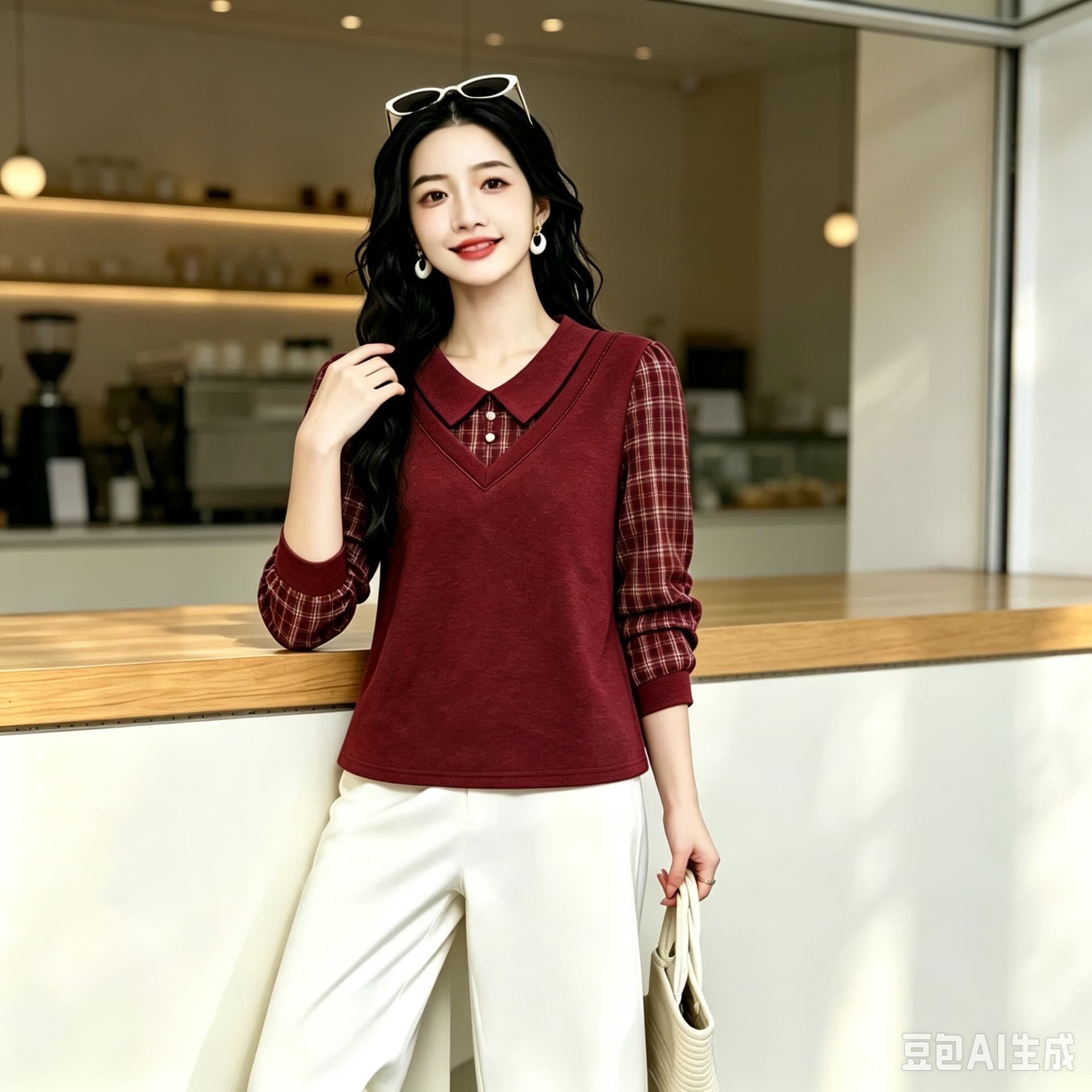 어머니 드레스 가을 페이크 레이어드 맨위 여성 의류 폴로 칼라 체크무늬 패치워크 긴팔 티셔츠 중년 슬림해 보이는 표지 배 작은 셔츠 상세 이미지 4