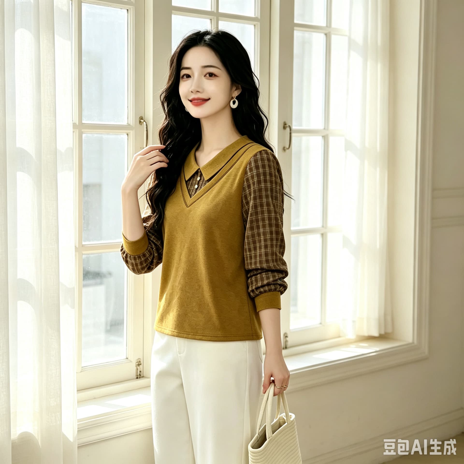 레트로 베이비 칼라 페이크 레이어드 셔츠 여성 의류 체크무늬 긴팔 패치워크 품격 가을 니트 맨위 이미지 5