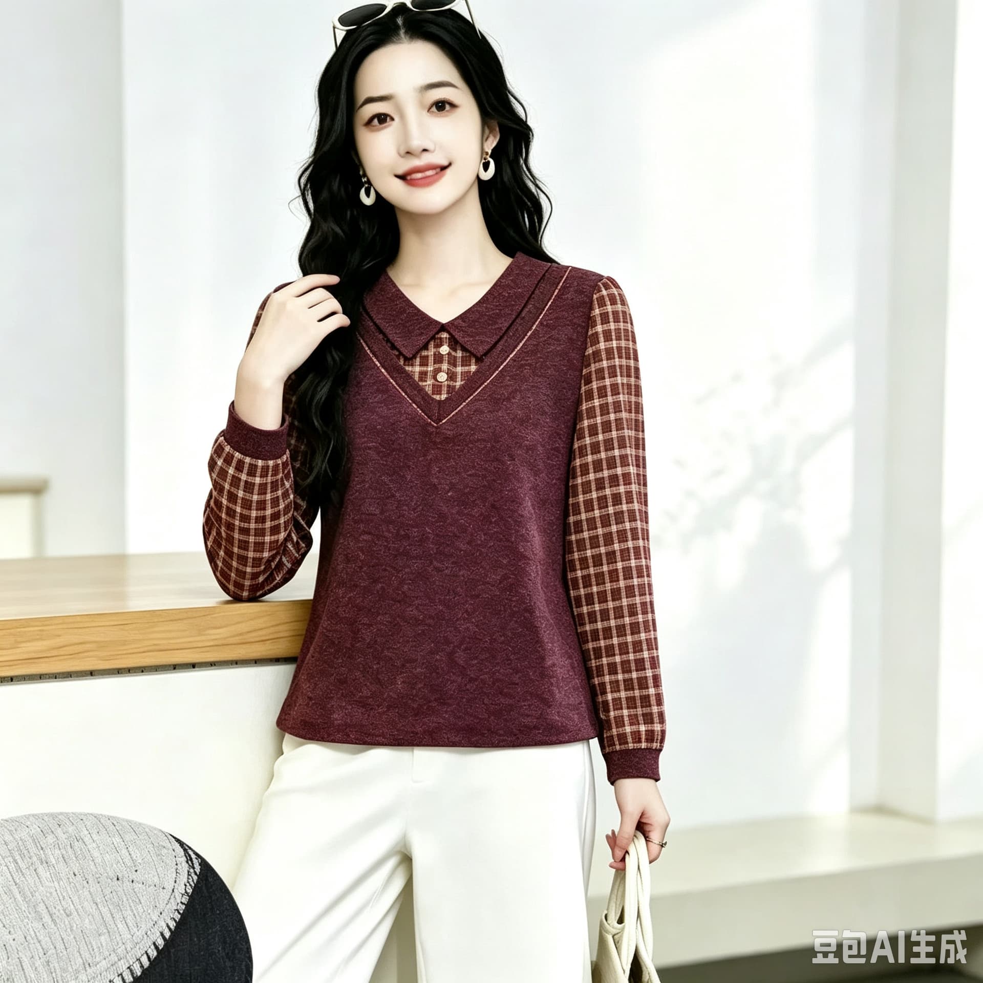 레트로 베이비 칼라 페이크 레이어드 셔츠 여성 의류 체크무늬 긴팔 패치워크 품격 가을 니트 맨위 상세 이미지 2