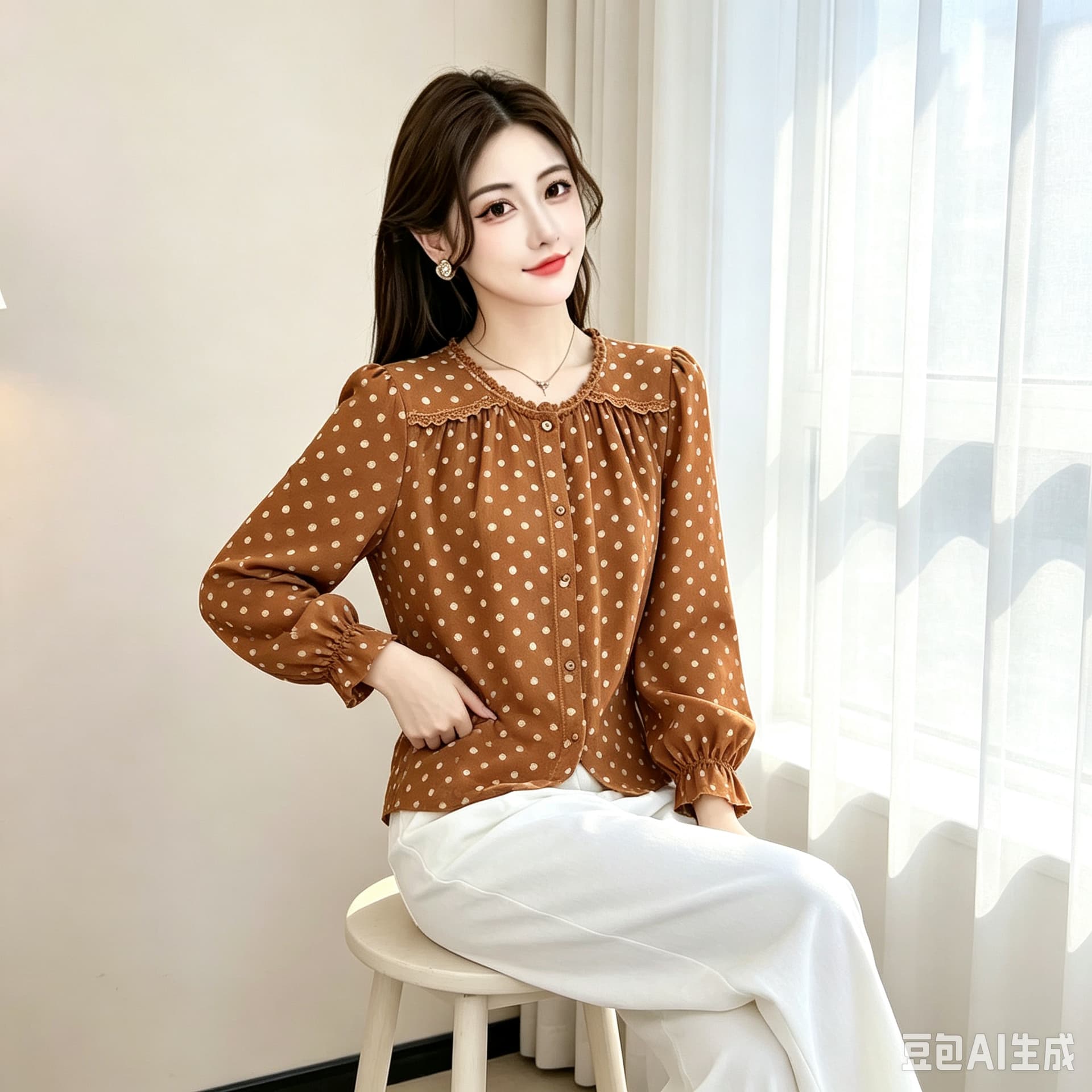 중년 어머니 드레스 레트로 도트 무늬 긴팔 여성 셔츠 가을 루즈핏 슬림해 보이는 쇼트 스타일 작은 셔츠 맨위 상세 이미지 7