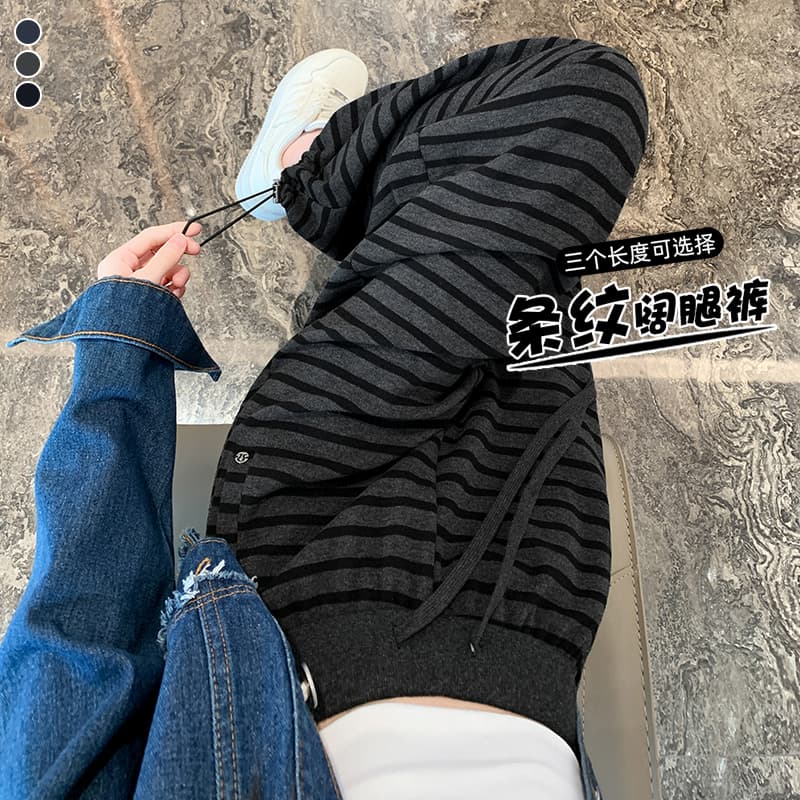 실사 아메리칸 회색 스트라이프 캐주얼 바지 여성 2025 가을 봄 허리밴드 루즈핏 슬림해 보이는 도루 센스 와이드 레깅스 바지 이미지 4