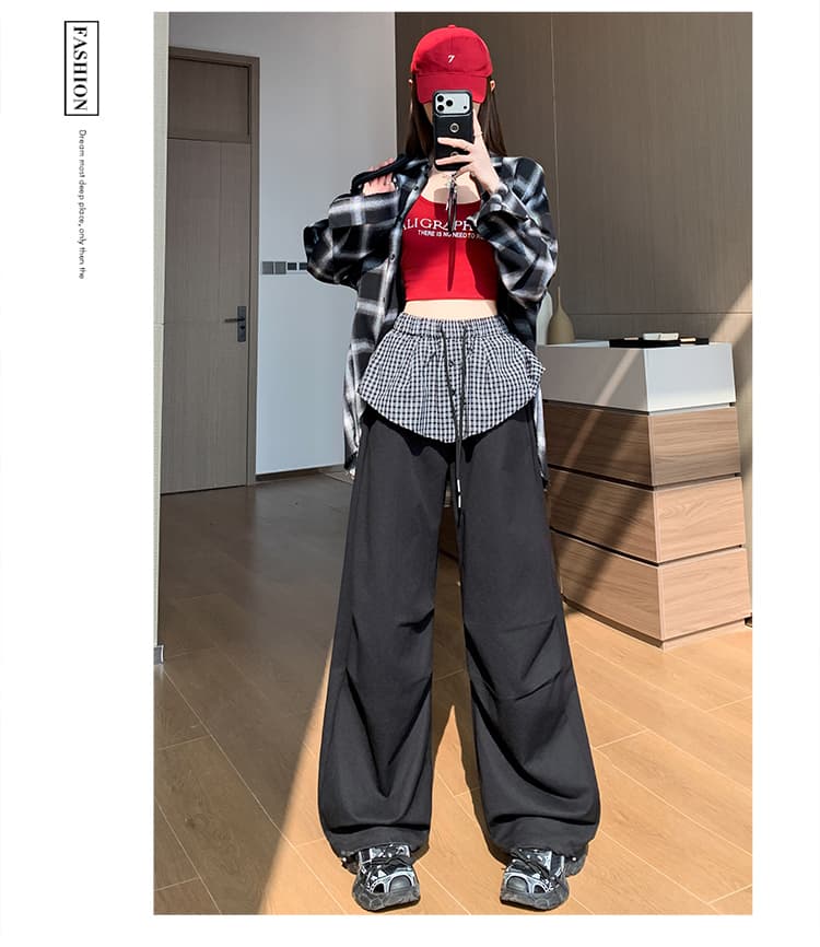 실사 랩스커트팬츠 워크웨어 팬츠 봄 2026 새로운 배색 캐주얼 스트레이트 팬츠 느긋한 페이크 레이어드 둘 착용 바지 트렌디 상세 이미지 44