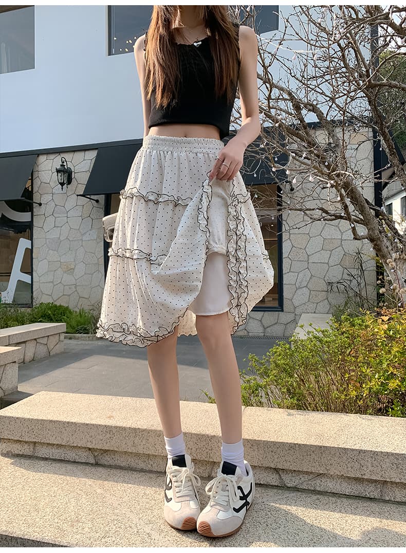 실사 한 부서 배색 도트 무늬 프릴 퍼프 반신 스커트 여성 봄 여름 하이웨이스트 표지 넓적 다리 자이언트 잘 생긴 케이크 치마 상세 이미지 25