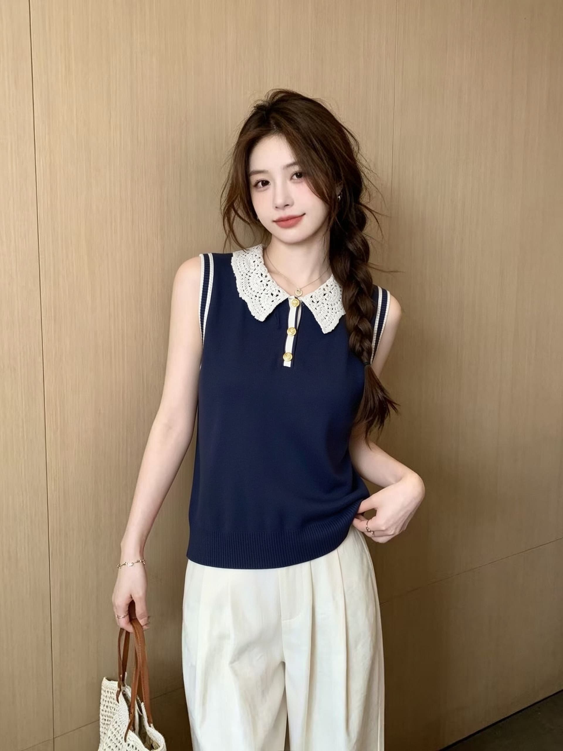 해군 홀로우 아웃 폴로 칼라 니트 조끼 여성 여름 출퇴근 착용 가져 가라. 고유 한 Chic 배색 다용도 민소매 맨위 이미지 2