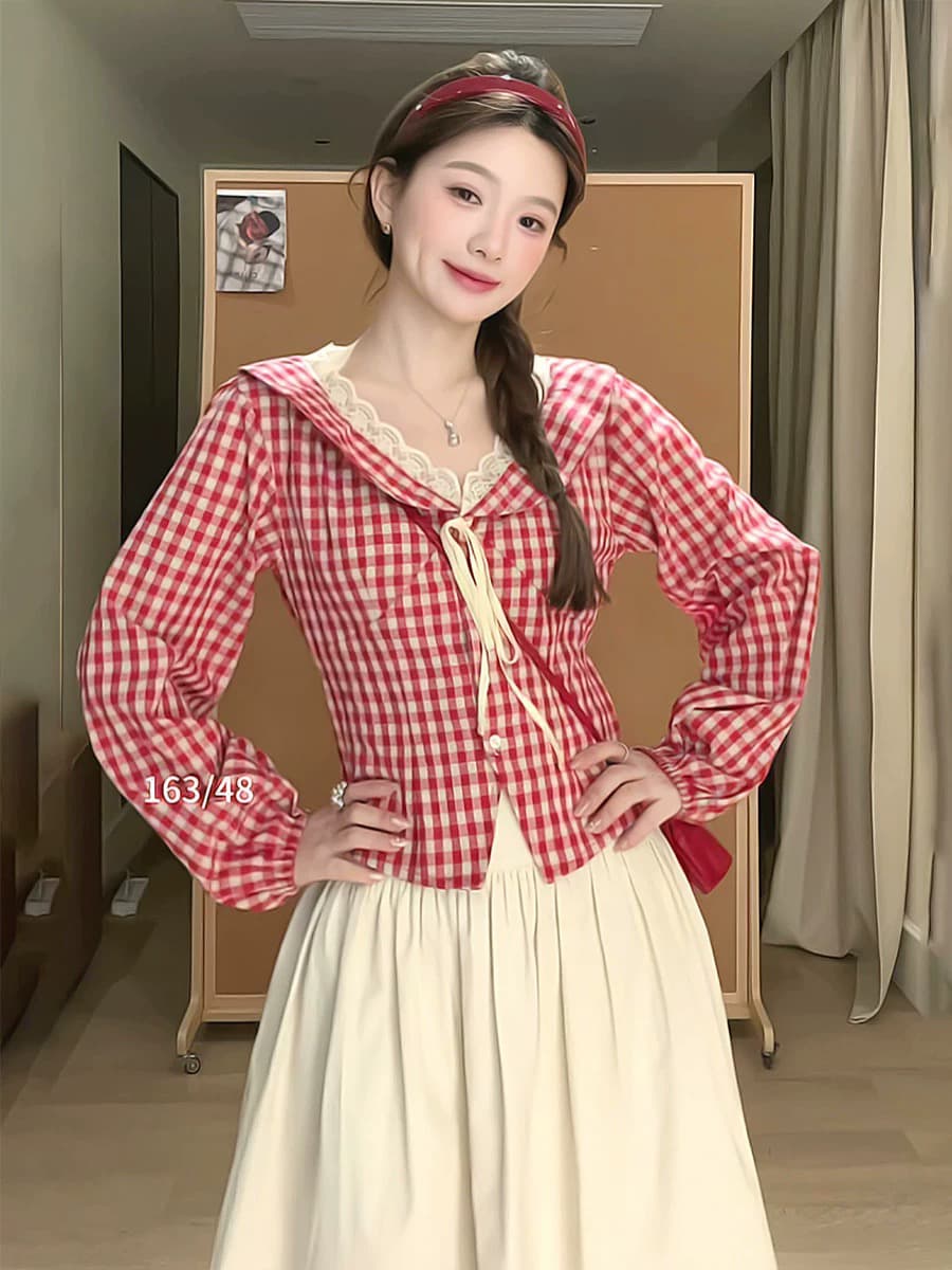 우 77 프랑스식 체크무늬 패치워크 레이스 레이스 V넥 여성 셔츠 작은 키 허리 수축 다용도 연령 감소 긴팔 맨위
