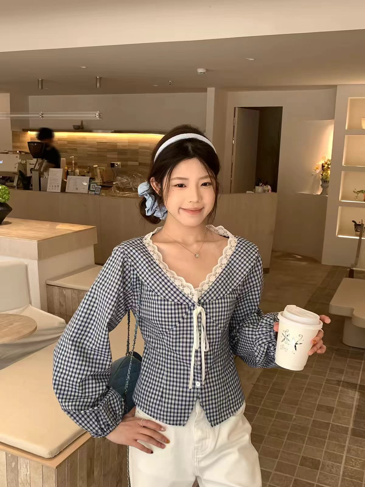 우 77 프랑스식 체크무늬 패치워크 레이스 레이스 V넥 여성 셔츠 작은 키 허리 수축 다용도 연령 감소 긴팔 맨위 이미지 4