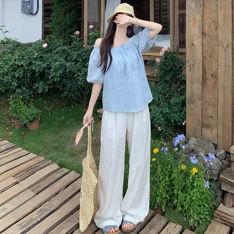 블루 라운드 넥 버블 반팔 자수 인형 셔츠 맨위 여성 레이스 레이스 패치워크 스택 착용 스트레이트 와이드 레그 팬츠 이미지 5